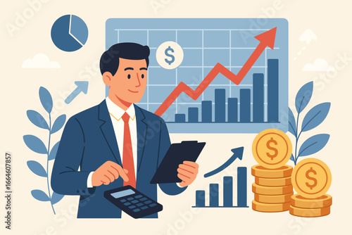 Businessman analysis calculates financial data for long-term investment. Stock market growth and company profitability concept. Finance report with graph chart and positive indicators.