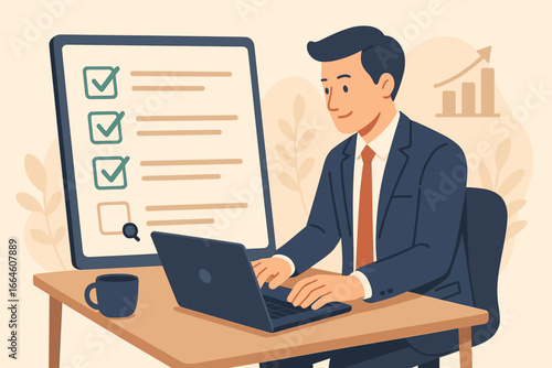 Business performance checklist. Businessman with laptop completes online survey. Concept of task management, filling digital form, assessment, and questionnaire for company growth.