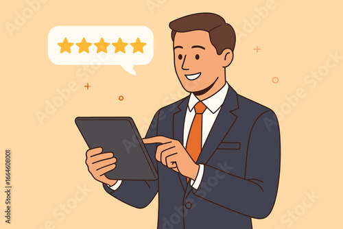 Businessman giving five star review on tablet. Customer satisfaction and feedback concept. Excellent service quality survey. Positive client experience. Online rating evaluation.