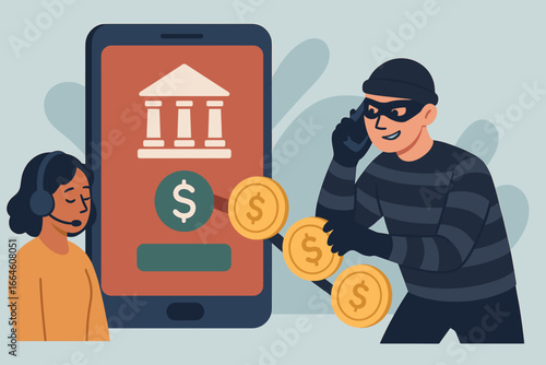 Call center fraud and mobile banking scam concept. Hacker or thief stealing money via fake phone call. Phishing and financial crime illustration. Online payment security threat.