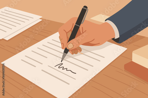 Businessman signing contract close up. Hand with pen putting signature on a document. Conclusion of agreement. Making a financial deal, taking a bank loan or mortgage. Partnership.