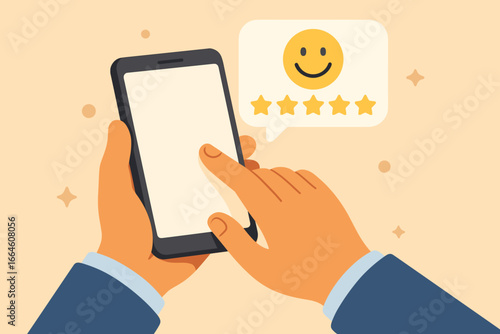 Customer satisfaction concept. Man's hand holding smartphone gives a five-star rating. Positive feedback and excellent service review. Happy client user experience for business.