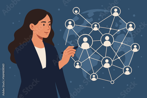 Business woman drawing global network structure. Data exchange, customer connection concept. Customer relationship management, client service, digital marketing, social media.