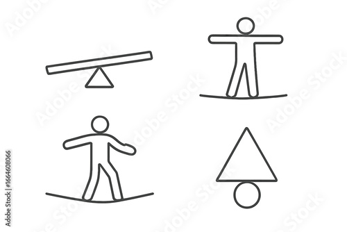 Balance icon set. Outline icons of stability, equilibrium, and harmony. Concept of work-life balance, risk, and poise. Vector seesaw, tightrope walker, abstract symbol.
