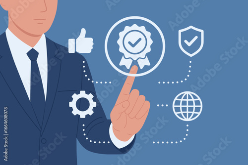 Businessman hand touching quality assurance icon. Best service guarantee, standards control, ISO certification. Global standardization and business compliance vector concept.