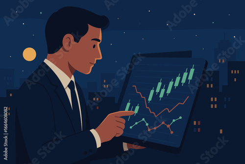 Businessman investor checking stock market data on tablet at night. Trader analyzing financial candlestick chart for growth. Monitoring cryptocurrency exchange, forex. Vector.