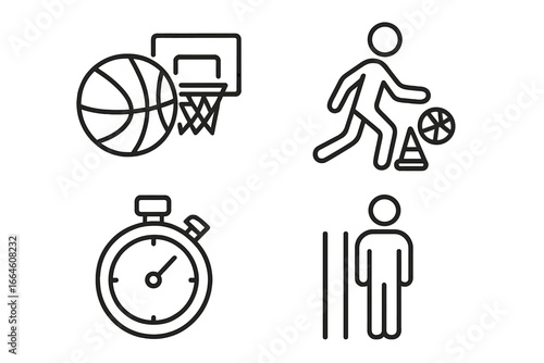 Basketball training outline icons set. Vector linear symbols for sport practice, game and drills. Dribbling with cone, stopwatch timer, hoop and defensive player pictogram.