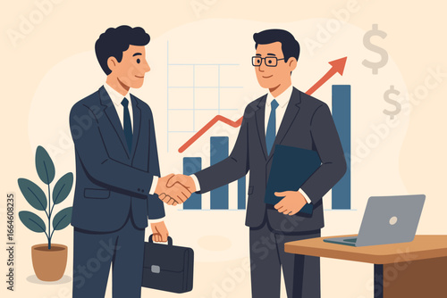 Business handshake partnership agreement concept. Successful deal, merger and acquisition. Financial investment consultation with profit growth chart and dollar signs background.
