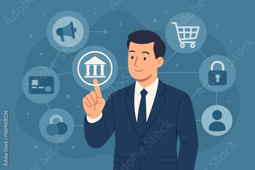 Businessman touching online banking interface for payment and digital marketing. Finance network with online shopping, customer data connection, and cybersecurity technology.