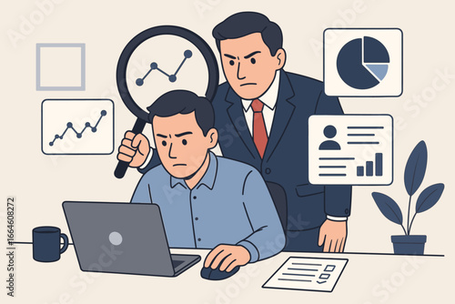 Employee monitoring and micromanagement concept. Strict boss watching over remote worker. Manager evaluating performance and productivity. Business pressure and toxic workplace.