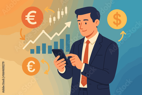 Businessman using mobile app for stock market analysis and currency exchange. Vector illustration of financial trading, investment growth with dollar and euro symbols.