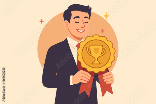 Employee of the month award winner. High performance champion with gold medal. Success, victory, recognition prize. Leadership, achievement and best worker concept illustration.