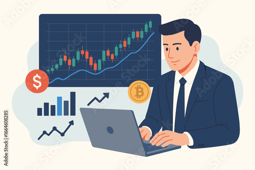 Businessman using laptop for stock market analysis, trading crypto and forex. Investor analyzing financial data chart for business investment, fund management, and growth.