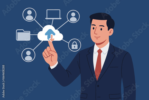 Businessman touching cloud computing icon for data transfer. Cloud technology for online storage and business network. Concept for confidential data management and security.