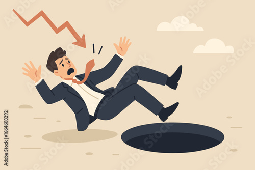 Businessman falling into a pitfall trap. Metaphor for failure, mistake, catastrophe and despair. Financial crisis, recession, risk, danger, business accident, trouble, loss concept.