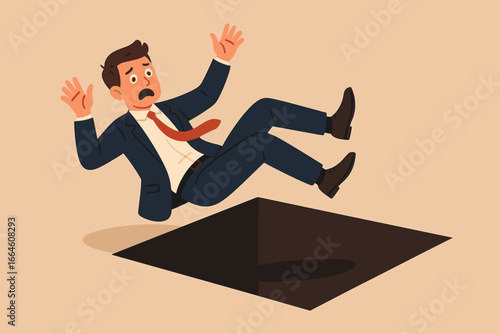 Businessman falling into hole metaphor for business pitfall or trap. Concept for failure, mistake, crisis, or risk. Financial danger, accident, trouble, and loss in career. Panic.