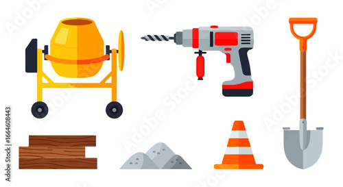 Construction Tools and Materials Featuring Concrete Mixer, Drill, Shovel, and Traffic Cone