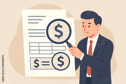 Invoice analysis concept. Businessman with magnifying glass reviews bill. Total amount to pay for service. Price calculation, finance payment system, accounting and quotation.