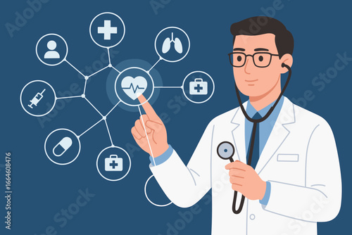 Cardiologist doctor with stethoscope touching medical icon network on a virtual screen. Healthcare, medical technology, telemedicine, patient care, and digital health concept.