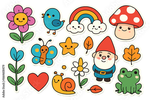 Cute kawaii sticker set with whimsical garden characters. Vector cartoon collection of gnome, frog, mushroom, rainbow, and animals. Playful nature icons for kids design.