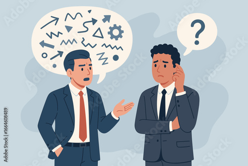 Jargon in business communication creating a barrier and misunderstanding. Man confused by difficult explanation. Metaphor for complex technical language and unclear talk.