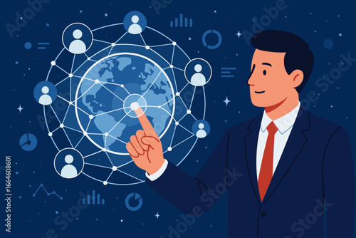 Businessman touching global network connection. Concept of international business, data analysis, and CRM. Digital technology, communication, and marketing strategy. Flat vector.