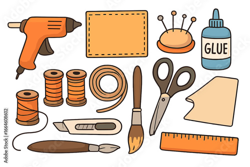 Handmade craft tools and DIY materials set for artisans. Vector cartoon collection with glue gun, scissors, thread, needles for creative hobbies, scrapbooking, and sewing.