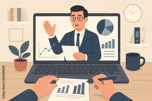 Online presentation, webinar or video conference meeting. Man at desk watching online seminar on laptop. Business expert giving consultation, analyzing financial data reports.
