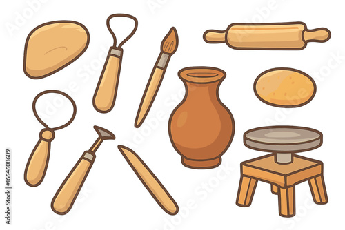 Pottery tools set. Vector cartoon illustration of ceramic art supplies. Clay sculpting equipment for workshop or hobby. Handmade craft concept. Potter's wheel, vase, isolated.