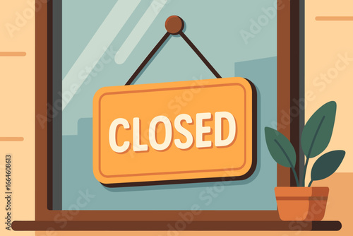Closed sign on a shop glass door. Business storefront window. Modern flat vector cartoon illustration for a store, cafe, or restaurant being unavailable or out of service.