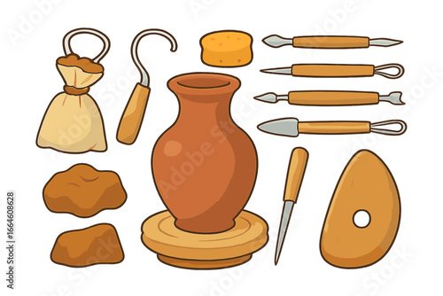 Pottery tools set for ceramic craft. Vector collection of clay sculpting equipment. Handmade hobby art supplies with potter's wheel, vase, and modeling instruments.