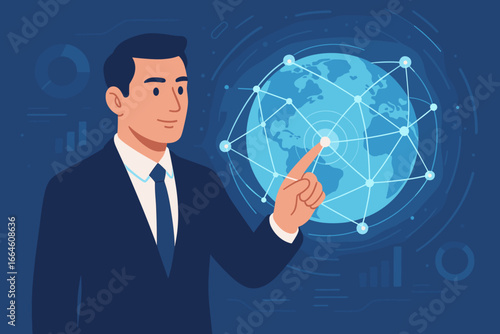 Businessman touching global network. Futuristic technology connecting world with big data, internet innovation. Virtual analytics dashboard for global business. Vector cartoon.