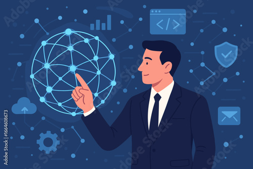 Businessman touching global network. Data exchange on internet, software development, algorithm and data science. Cybersecurity, cloud computing, social networking concept.