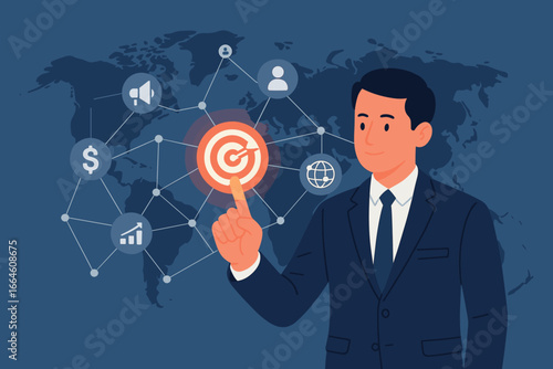 Businessman touching a glowing target icon. Concept of global business strategy, customer networking, digital marketing, financial growth, and human resources management.