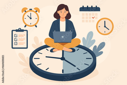 Time management concept with businesswoman working on laptop. Part-time job or side hustle illustration. Day planning, work tracking system, and schedule with deadline.