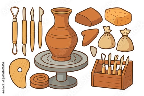 Pottery making tool set vector cartoon illustration. Clay craft hobby equipment with potter's wheel, vase, sculpting tools. Handmade ceramic art workshop concept design element.