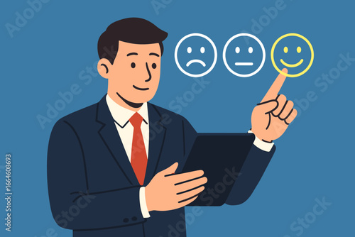 Businessman holding tablet gives positive review. Customer service satisfaction concept. Man choosing happy smile face emoticon for feedback. Excellent rating experience.