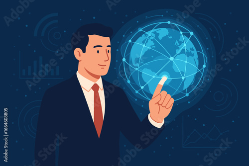 Businessman touching global network and data exchanges. Futuristic technology connecting the world. Big data, innovation, internet, metaverse, digital business communication.