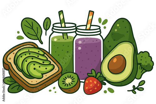 Healthy food vector illustration. Vegan breakfast with avocado toast, green smoothie, fresh fruits. Plant-based diet concept for a healthy lifestyle. Nutrition flat cartoon design.