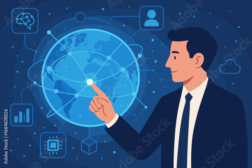 Businessman touching global network for data exchange. Innovation, future technology, AI, and Big Data transformation on a digital networking background. Metaverse concept.