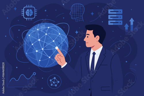 Businessman touching global network and data exchanges. Innovation of future generation technology, AI, and metaverse. Transformation of big data on digital networking.