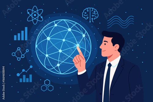 Businessman touching global network for data exchange. Future technology innovation with AI, big data analysis. Metaverse and digital transformation concept with science icons.