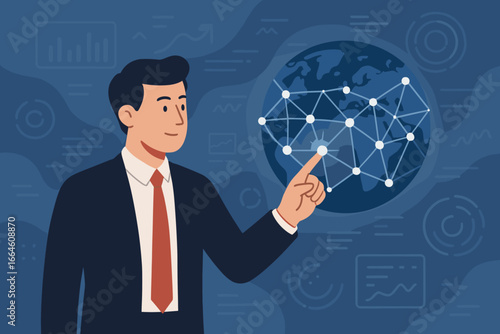 Businessman touching global network connection and data exchanges on internet. Digital software development, algorithm and data science. Social networking and technology.