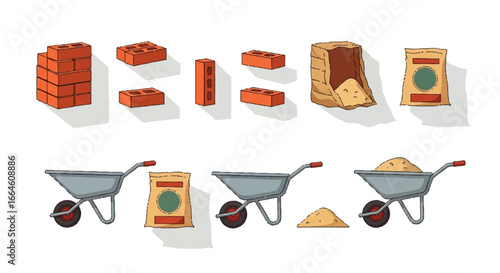 Illustrated set of building supplies featuring bricks, sand, cement bags, and wheelbarrows for construction industry concepts