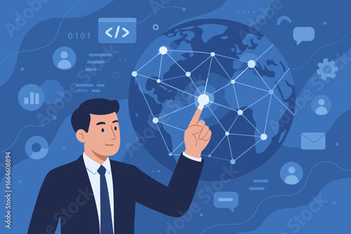 Businessman touching global network connection. Data exchanges on internet, digital software development, algorithm and data science. Social networking, big data concept.