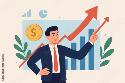 Businessman pointing up on a growth graph. Analyzing finance sales data and economic growth chart. Concept of financial investment in valuable assets, economy, and banking.