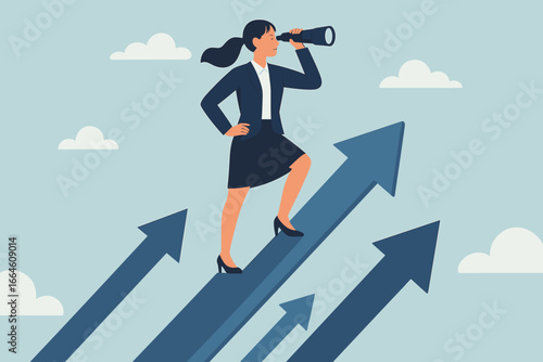 Businesswoman with telescope on growing arrow. Business vision concept. Searching for new opportunity. Career growth and success. Future forecast. Leadership and motivation.