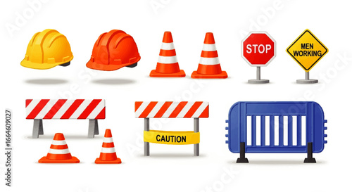 Construction Safety Gear Hard Hats, Cones, Barriers, and Stop Signs Isolated on White