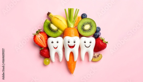 Smiling Teeth with Fruit and Vegetables, Healthy Eating Concept on Pink Background