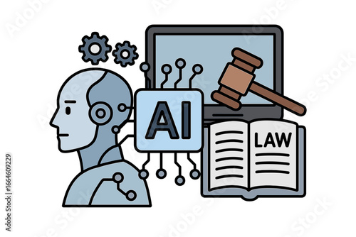AI law regulation ethics concept. Artificial intelligence legal framework. Robot justice technology. Machine learning compliance. Gavel, law book and computer vector illustration.